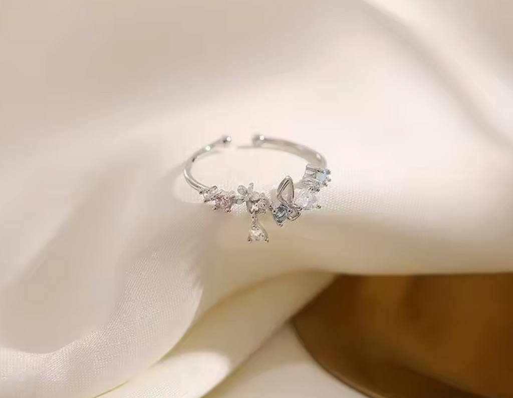 Adjustable Zircon Flower & Bow Ring for Women