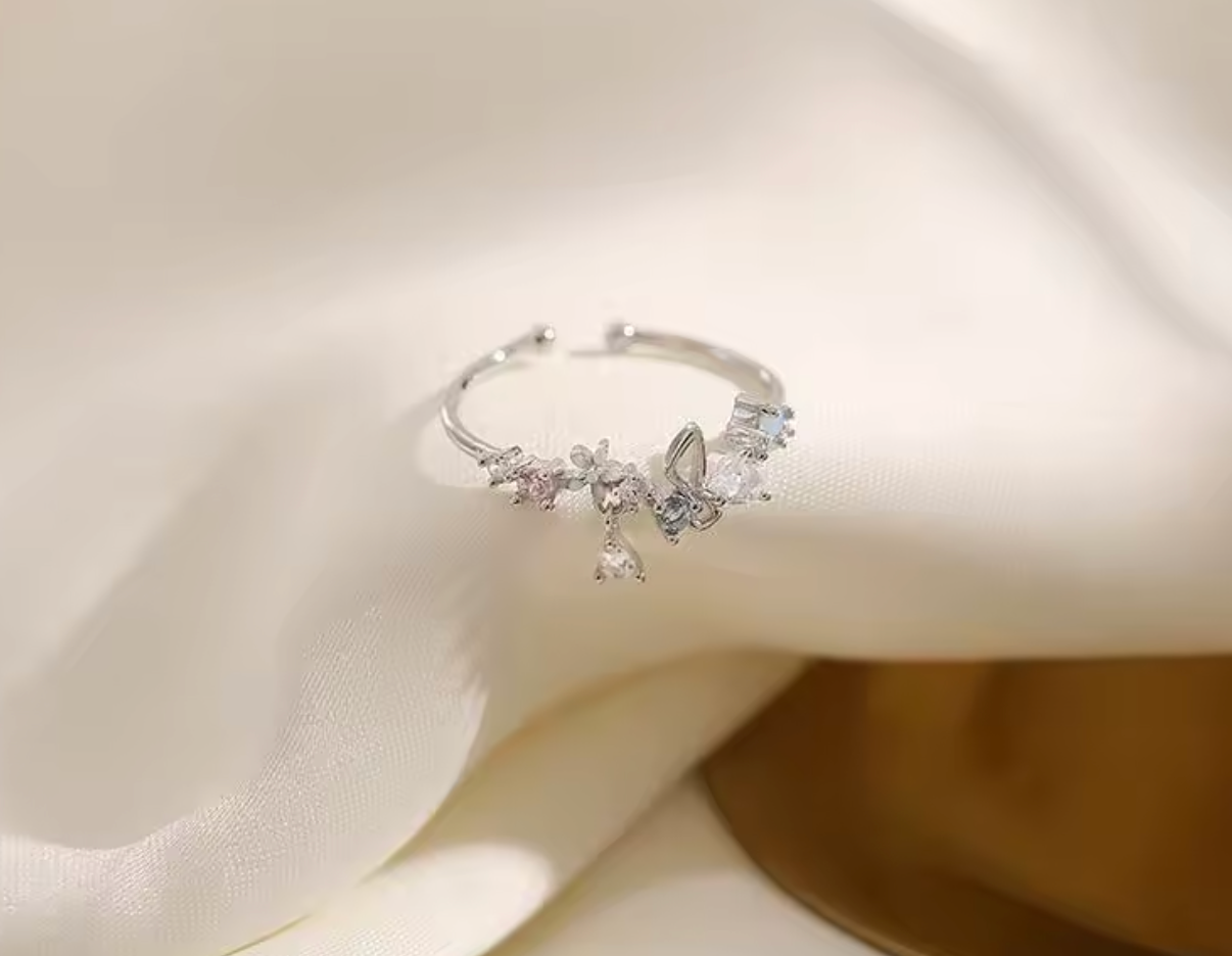 Adjustable Zircon Flower & Bow Ring for Women