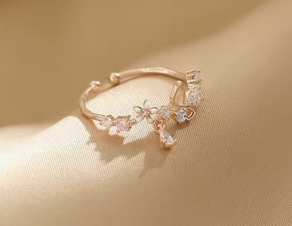 Adjustable Zircon Flower & Bow Ring for Women