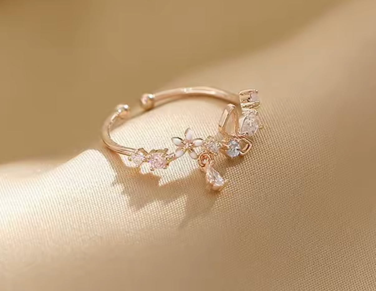 Adjustable Zircon Flower & Bow Ring for Women