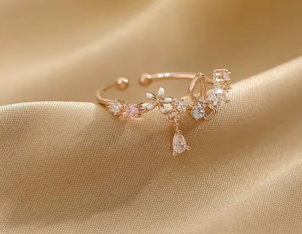 Adjustable Zircon Flower & Bow Ring for Women