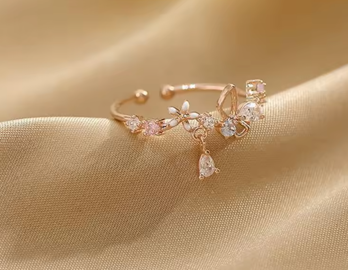 Adjustable Zircon Flower & Bow Ring for Women