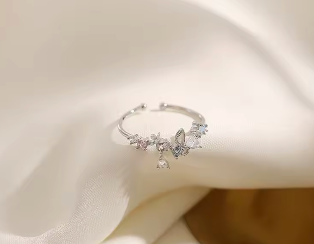 Adjustable Zircon Flower & Bow Ring for Women