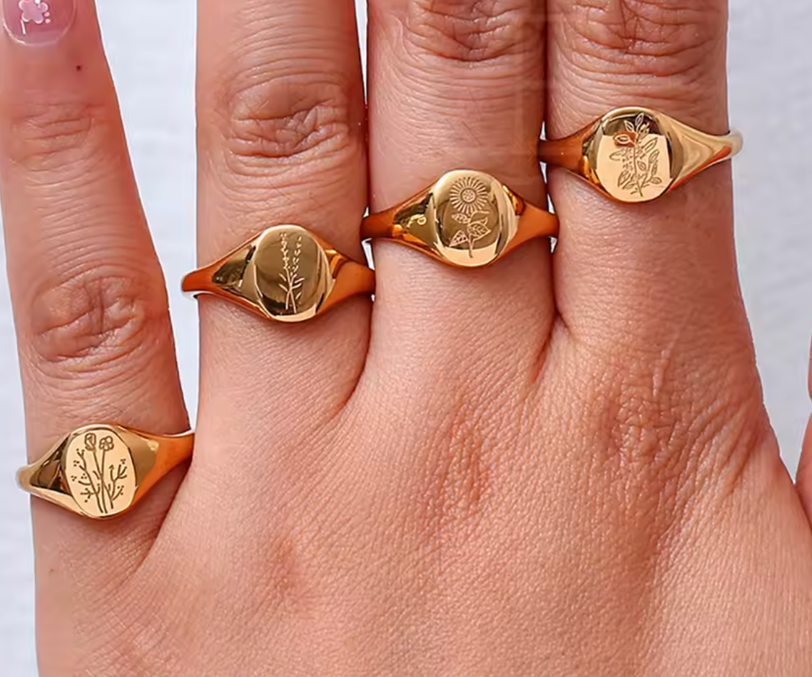 18K Gold Plated Stainless Steel Wildflower Signet Ring