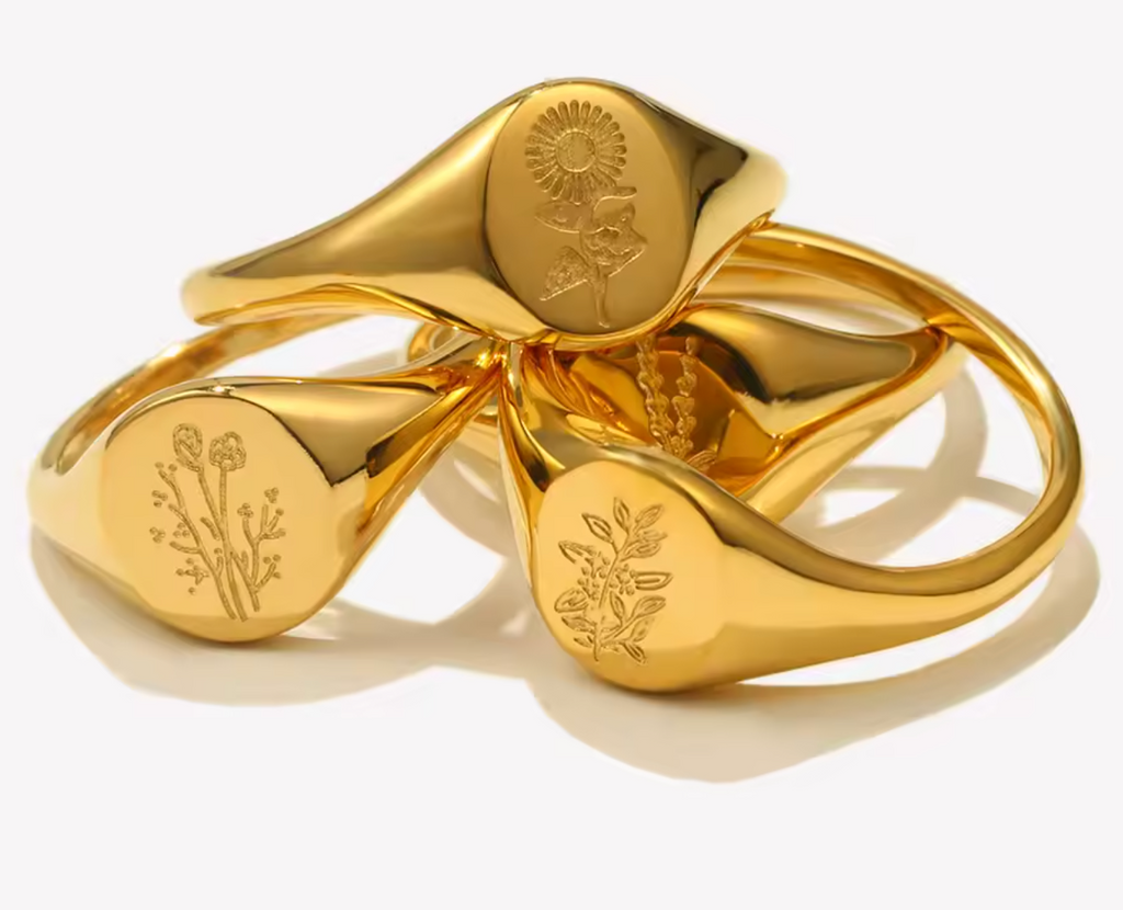 18K Gold Plated Stainless Steel Wildflower Signet Ring