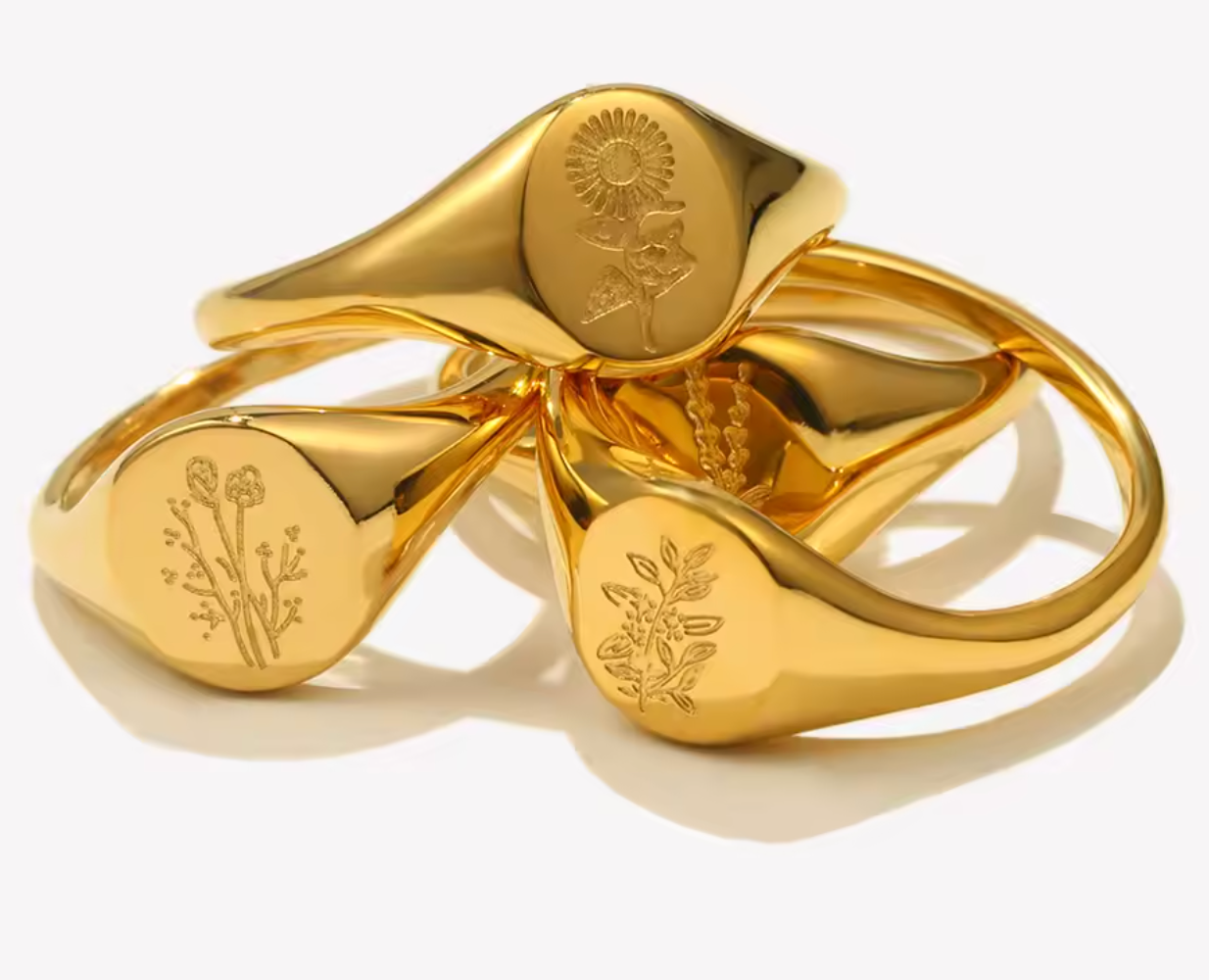 18K Gold Plated Stainless Steel Wildflower Signet Ring