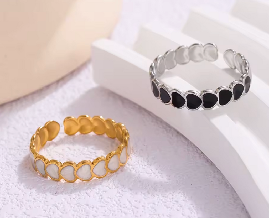 Black & White Enamel Heart Open Ring