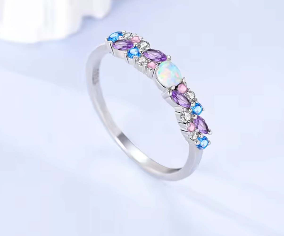 925 Sterling Silver Ice Blue & Purple Opal Ring