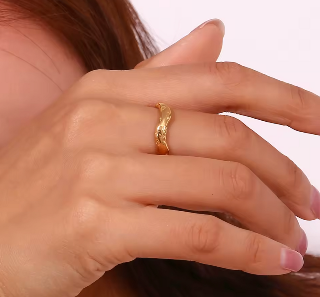 18K PVD Gold Plated Stainless Steel Wavy Texture Ring
